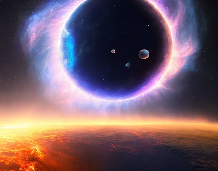 Eclipsed planet in cosmic scene with nebula and stars above fiery landscape