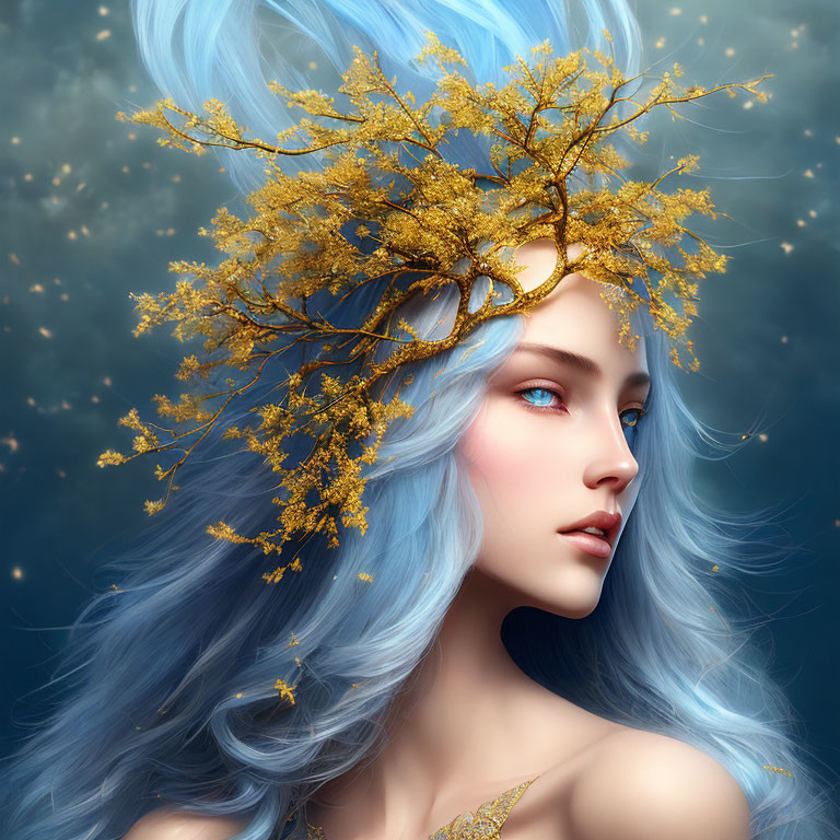 Blue-haired woman with golden botanical headpiece in starry setting