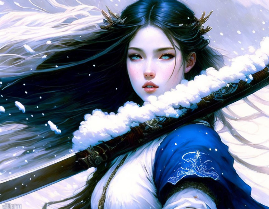 Illustrated fantasy woman with white hair, blue robe, crown, staff, and snowflakes.