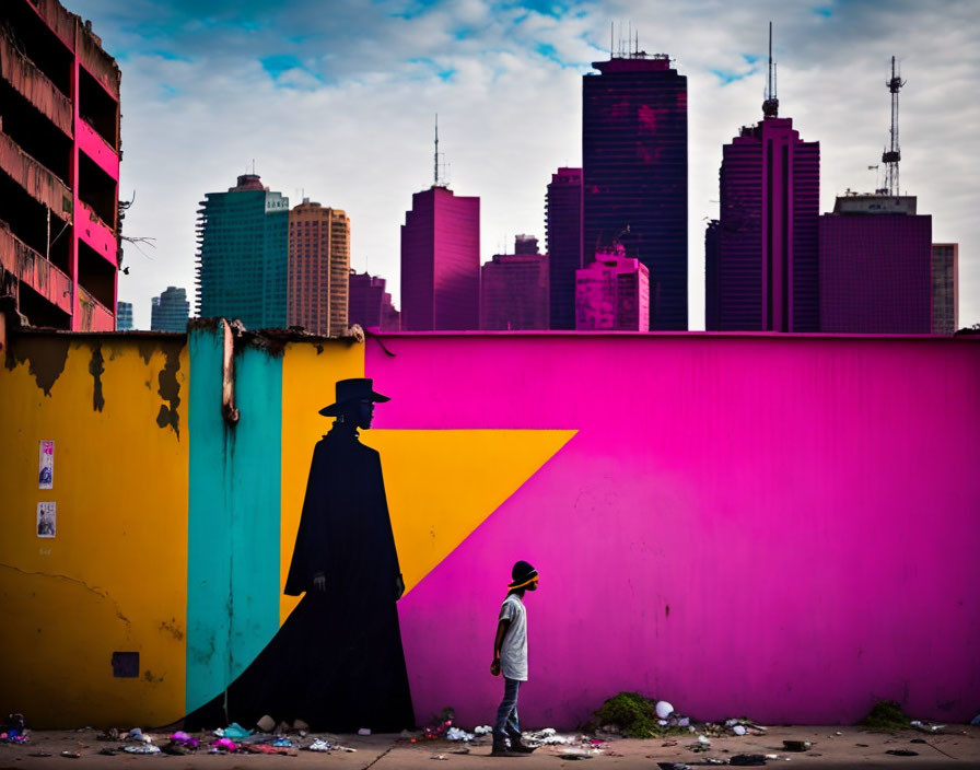 Colorful urban mural with shadow figure, person, and skyscrapers