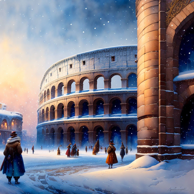 Snowy Colosseum scene: people in warm clothing walking under golden archways