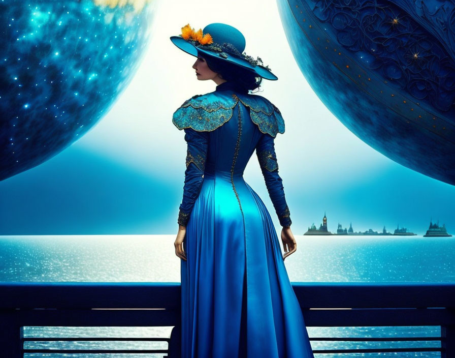 Woman in Vintage Blue Dress with Flower Hat Against Celestial Backdrop