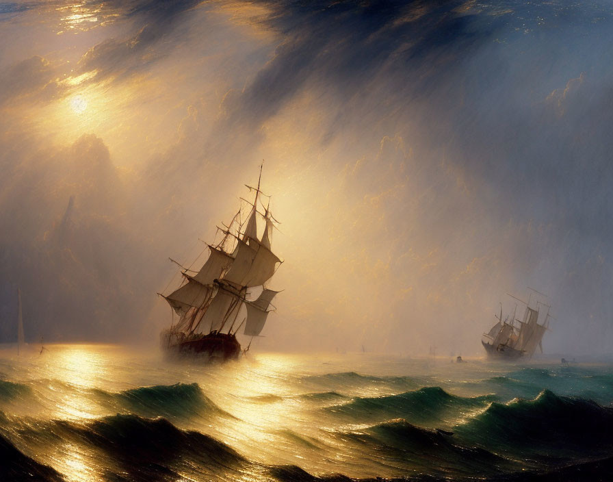 Sailing ships in stormy seas under dramatic sunlit sky