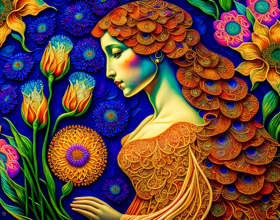 Colorful Illustration of Woman with Ornate Hair Among Stylized Flowers