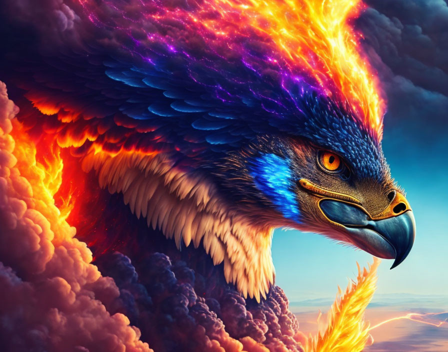 Phoenix Eagle with Flames Wings in Dramatic Sky