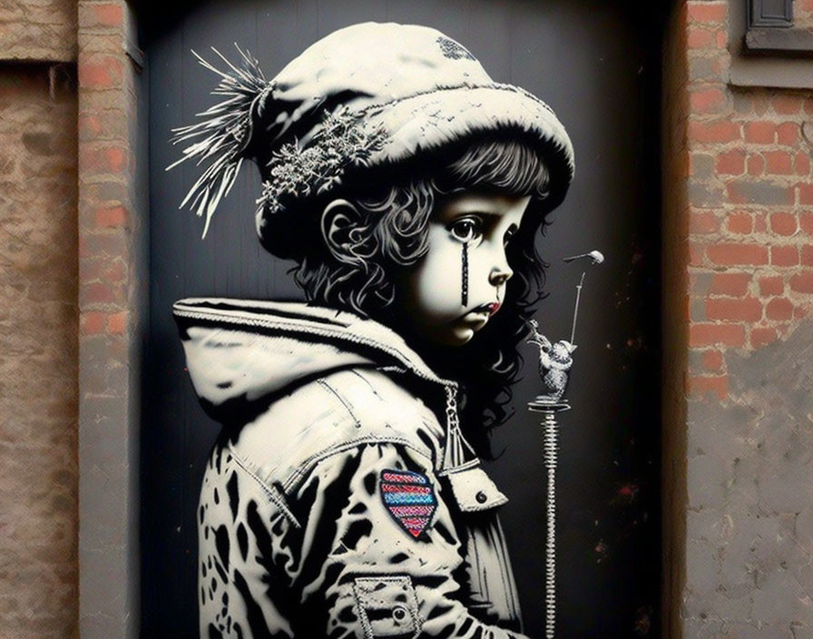 Monochrome street art mural of child with feathered design and American flag patch.