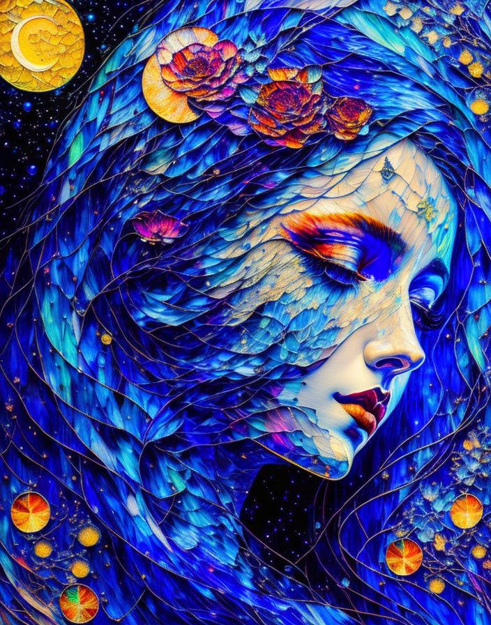 Colorful artwork featuring a woman with blue plumage, floral details, and celestial themes.