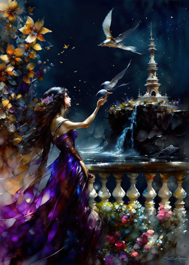 Woman in purple dress on balcony with birds, flowers, and waterfall at night