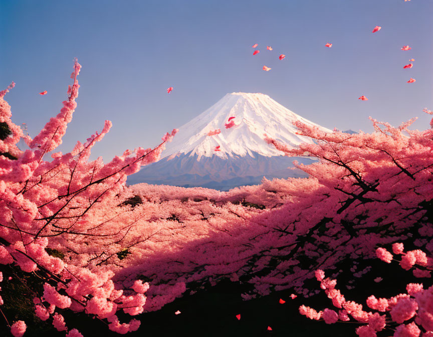 Scenic pink cherry blossoms with Mount Fuji backdrop.