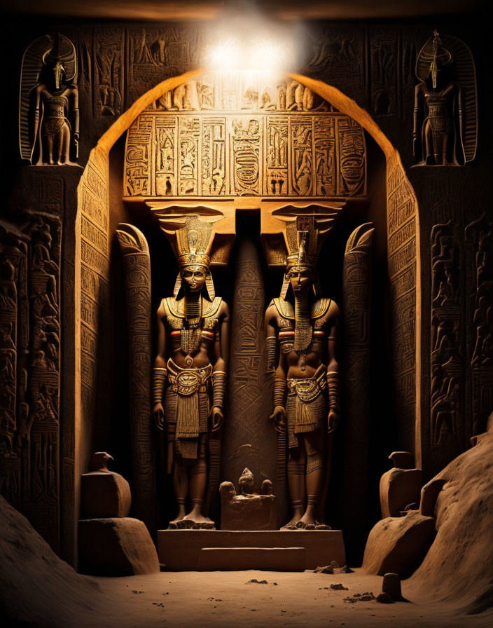 Ancient Egyptian tomb entrance with pharaoh statues, hieroglyphics, and dramatic lighting