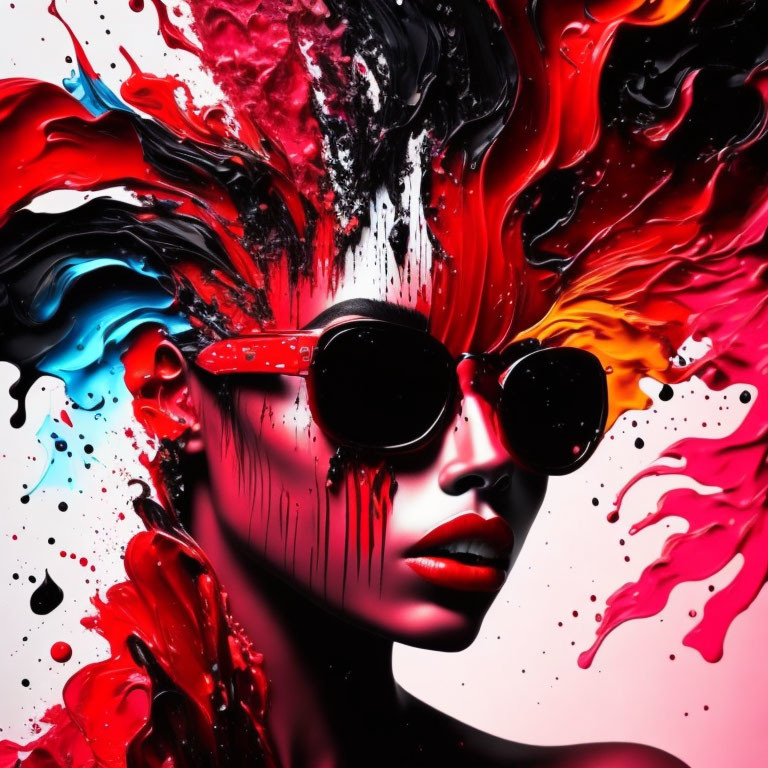 Colorful Liquid Splash Artwork: Woman's Face with Sunglasses