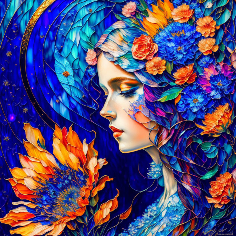 Colorful artwork of woman with floral and avian motifs in blue and orange palette