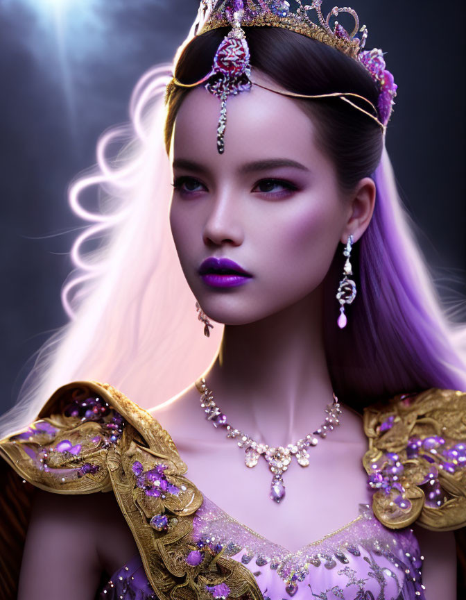 Regal woman with ombre purple hair and golden crown gazes intently