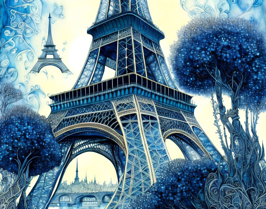 Eiffel Tower illustration in blue hues with trees and intricate patterns