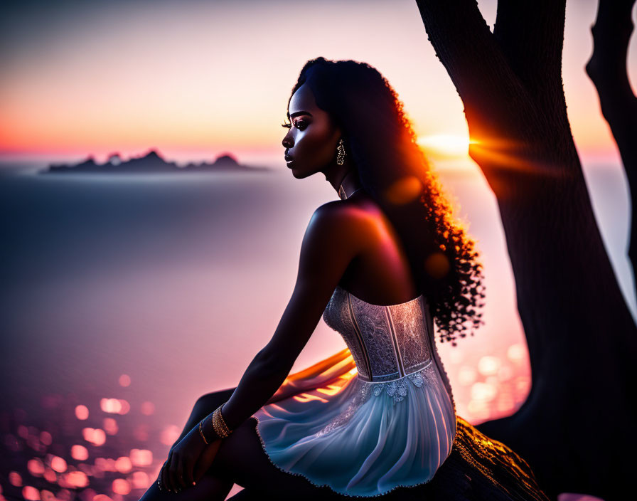 Woman in white dress gazes at sunset by the sea under a tree