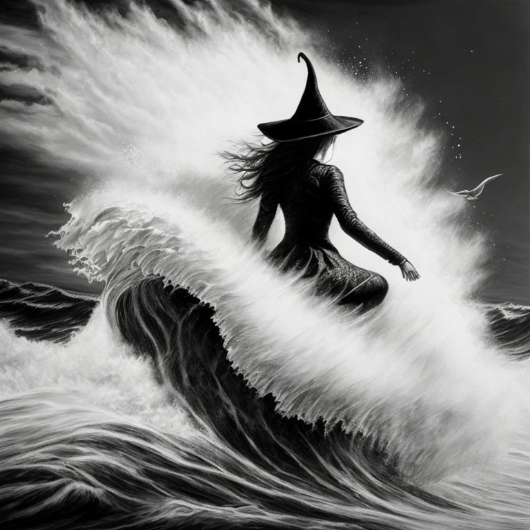 Monochrome illustration of witch surfing large wave