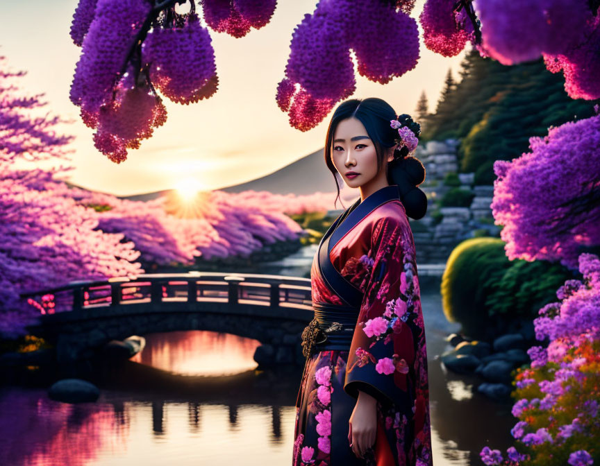 Traditional red kimono woman by bridge in sunset landscape