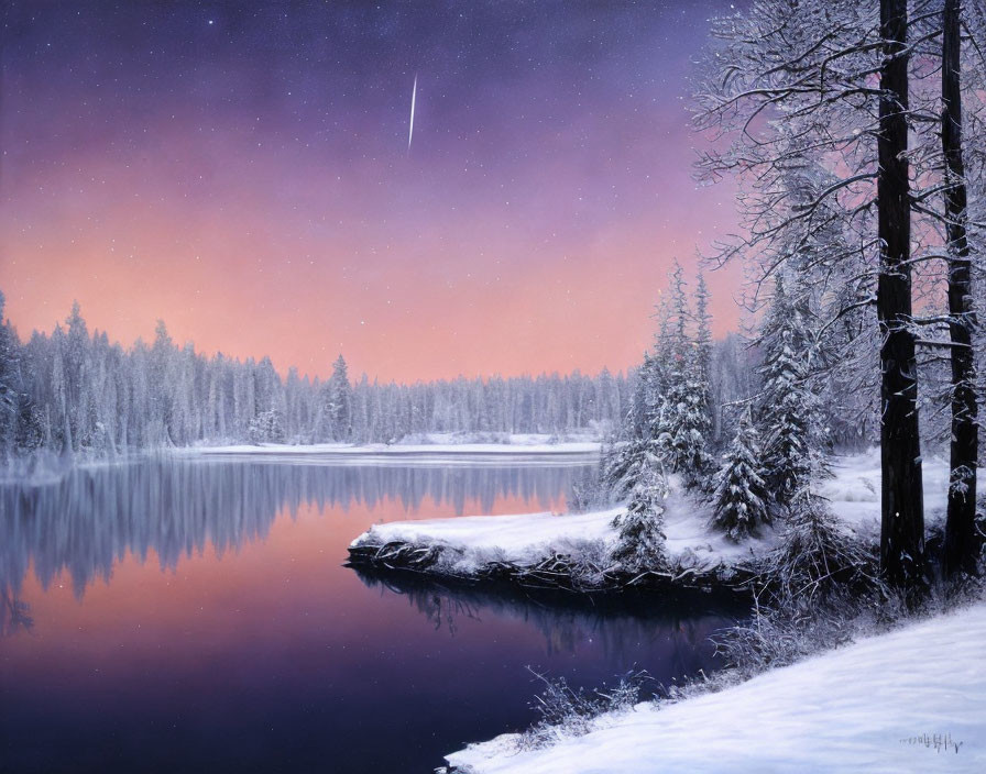 Snow-covered trees, still lake, shooting star: Serene winter landscape at dusk