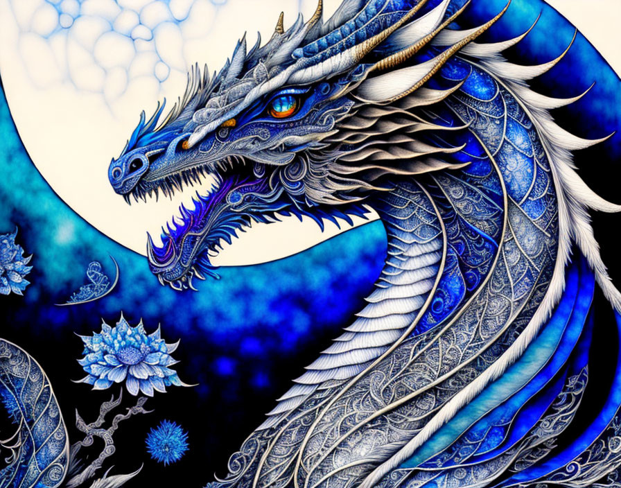 Detailed Blue Dragon Illustration with Mystical Orbs and Floral Patterns