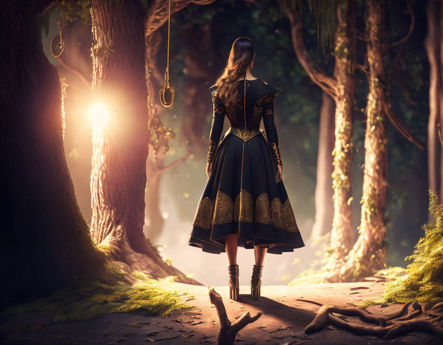 Medieval woman in enchanted forest with magical sunlight.