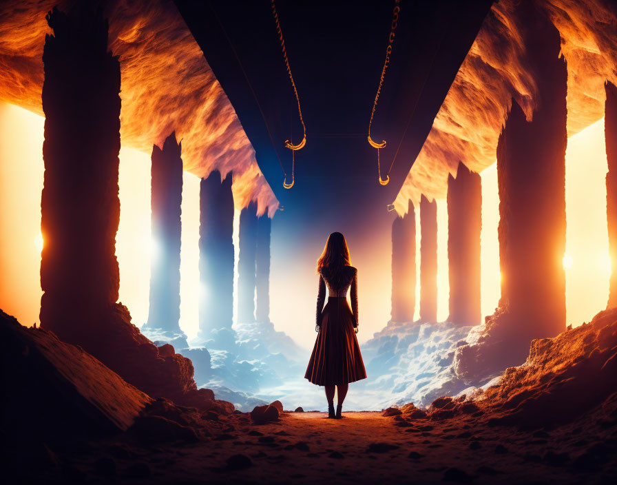 Silhouetted woman in sunlit cavern with columns & chains