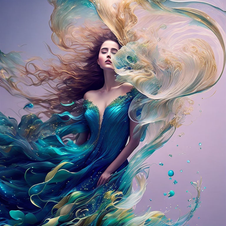 Teal dress woman with flowing hair in sea creature fusion art piece