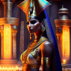 Digital artwork of a woman as an ancient Egyptian queen in a candlelit temple