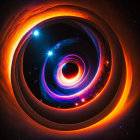 Abstract cosmic digital artwork with swirling orange and blue patterns and a white star.