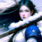 Illustrated fantasy woman with white hair, blue robe, crown, staff, and snowflakes.