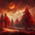 Person in red cloak walking in snowy forest with illuminated trees