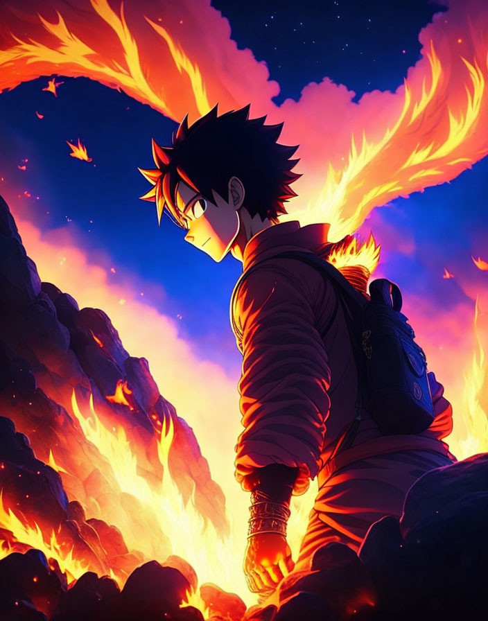 Spiked hair character in fiery background with determined expression