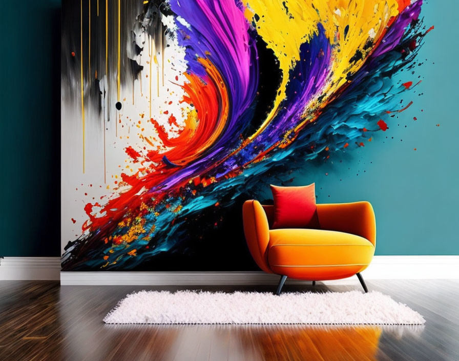 Colorful Abstract Wall Art in Room with Teal Walls & Modern Decor