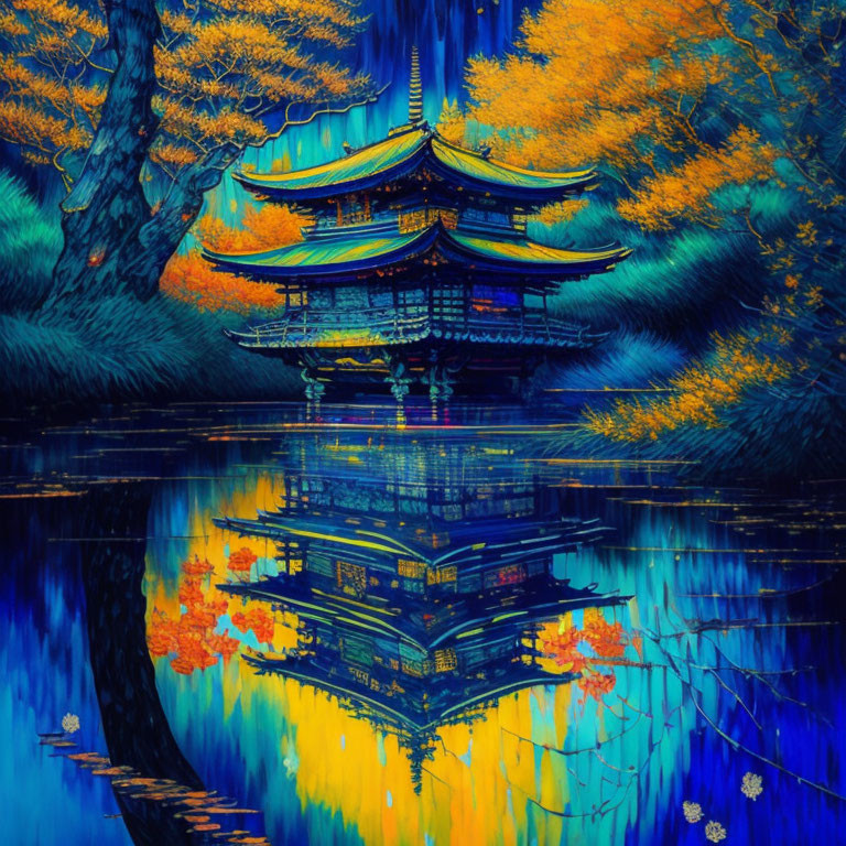 Japanese pagoda in autumnal setting with vibrant blue and orange colors