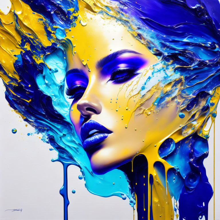 Abstract painting of woman's face with blue and yellow splashes