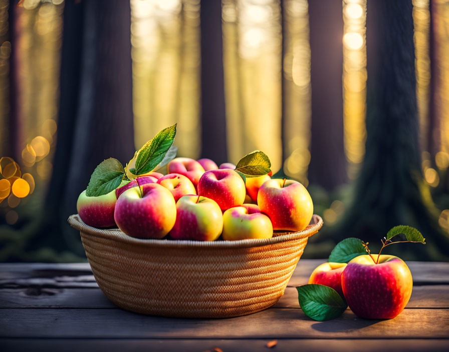 Ripe apples in basket on wooden surface with forest background.