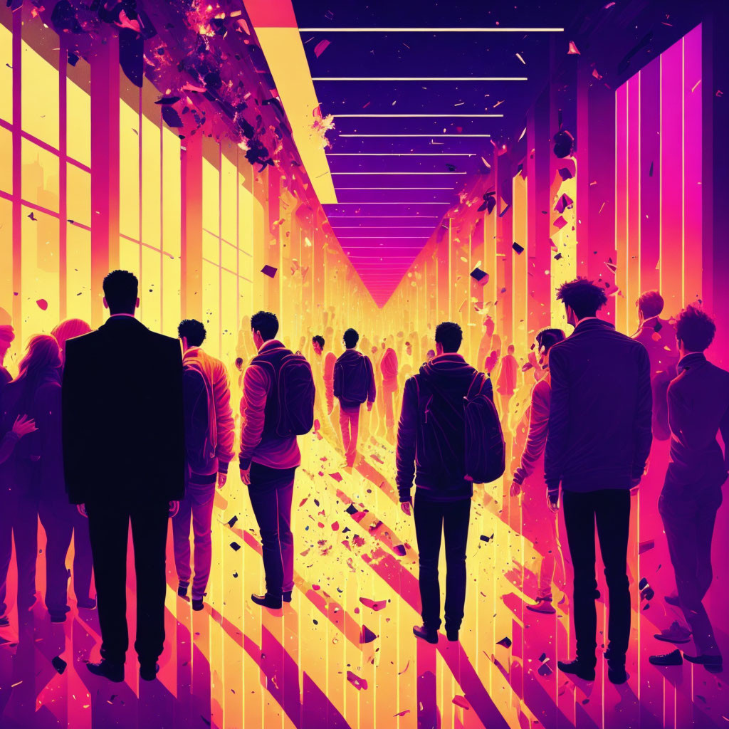 Abstract hallway with colorful light and silhouetted figures