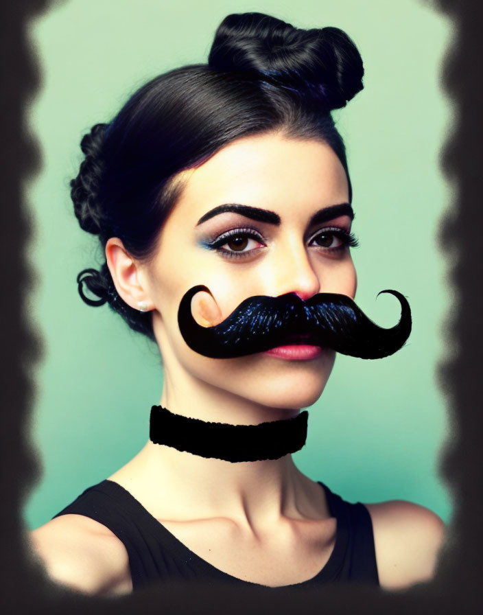 Styled woman with edited mustache and choker on teal background