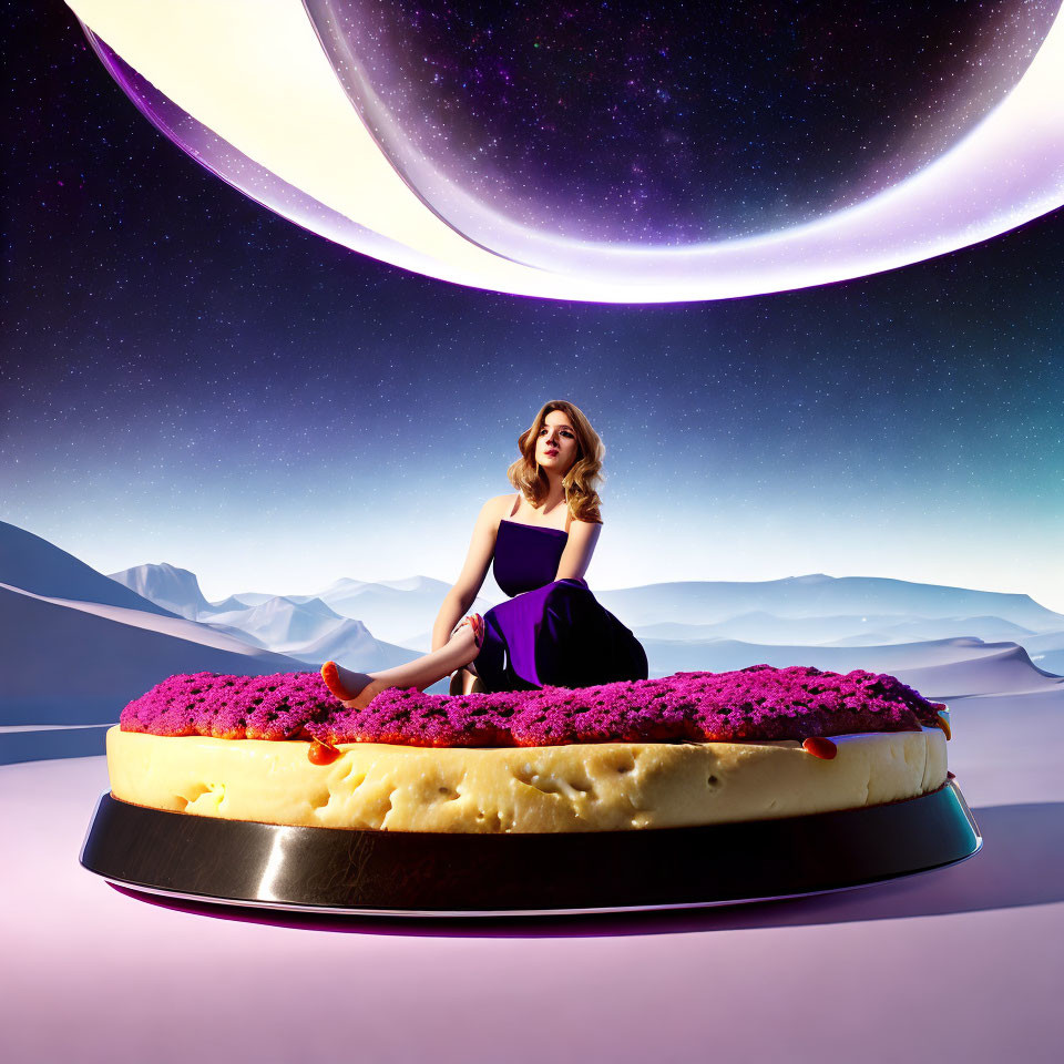 Woman in black dress on oversized cake in surreal landscape with purple sky and large moon