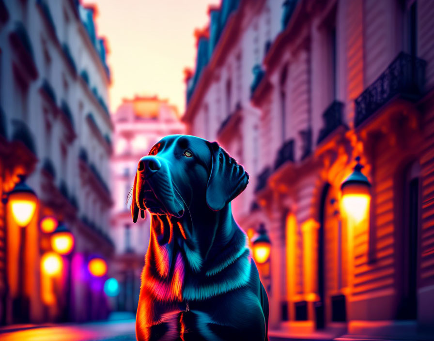 Colorful city street at dusk with black dog in digital artwork