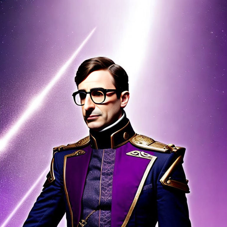 Stylish man in futuristic military attire against purple backdrop