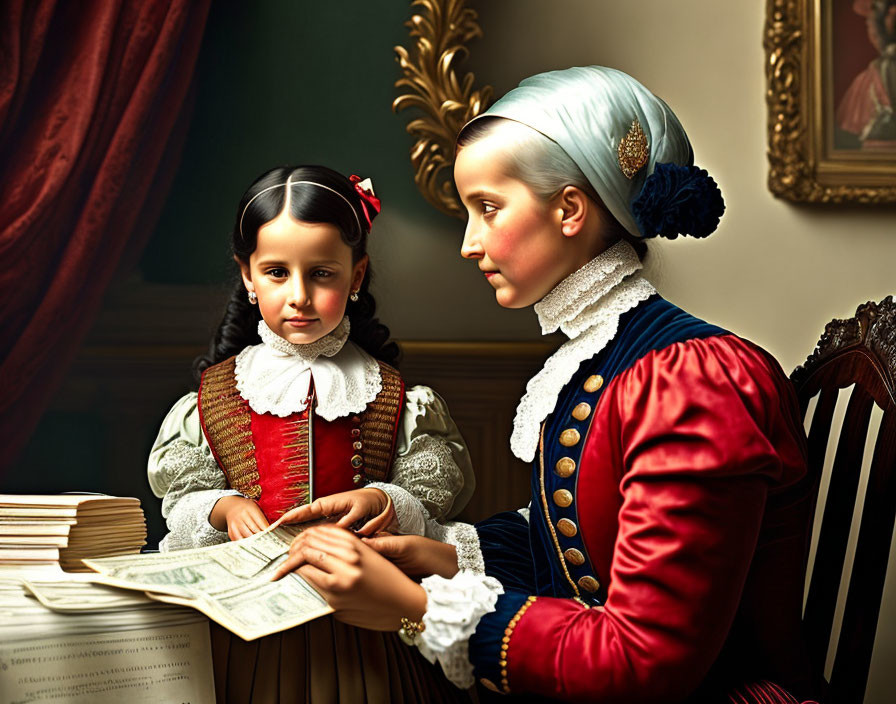 Historical individuals in period dress reading a book in vintage interior