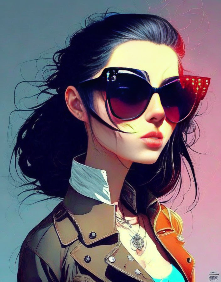 Dark-haired woman in oversized sunglasses and multicolored jacket against soft background