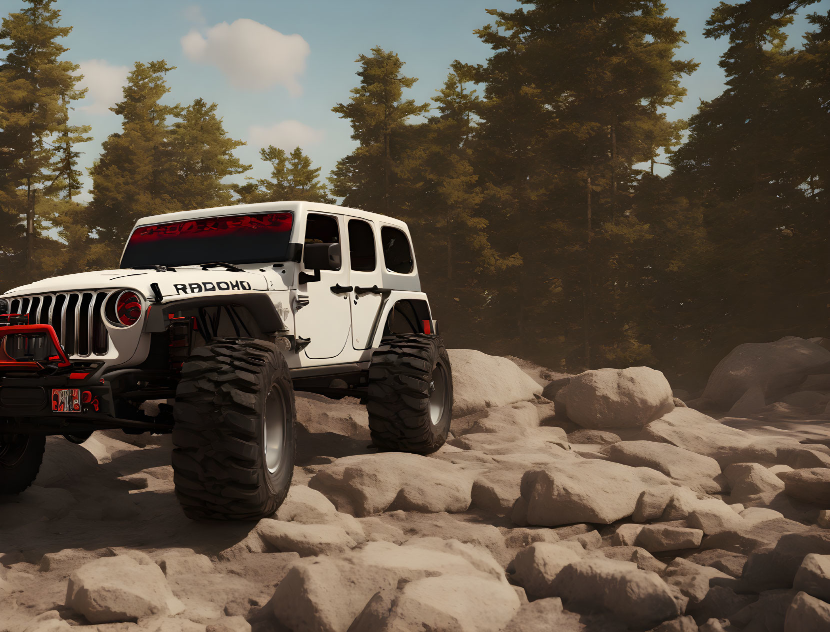 White Jeep Wrangler with Oversized Tires Off-Roading in Forest
