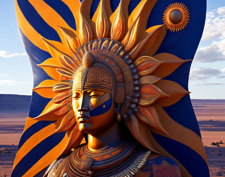 Colorful Sun Deity Artwork with Fiery Halo and Desert Landscape