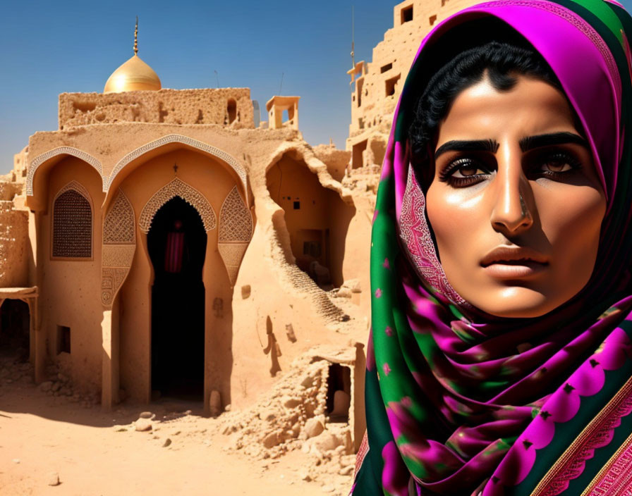 Woman in Vibrant Pink and Green Headscarf with Middle Eastern Architecture and Blue Sky