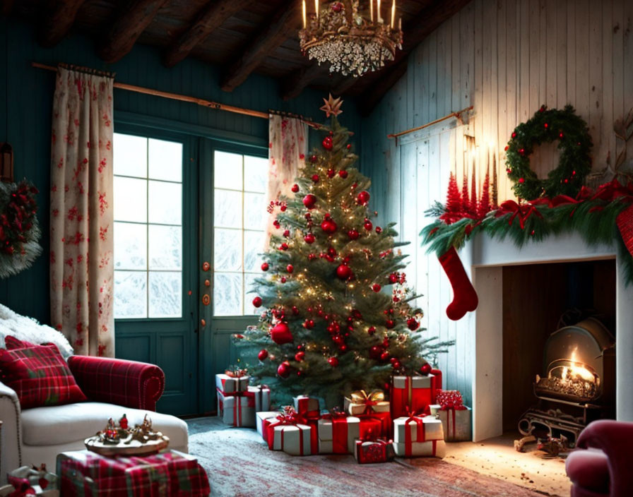 Festive Christmas scene with tree, gifts, fireplace & stockings