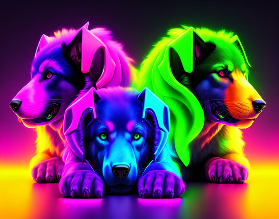 Neon-lit dogs on vibrant gradient background