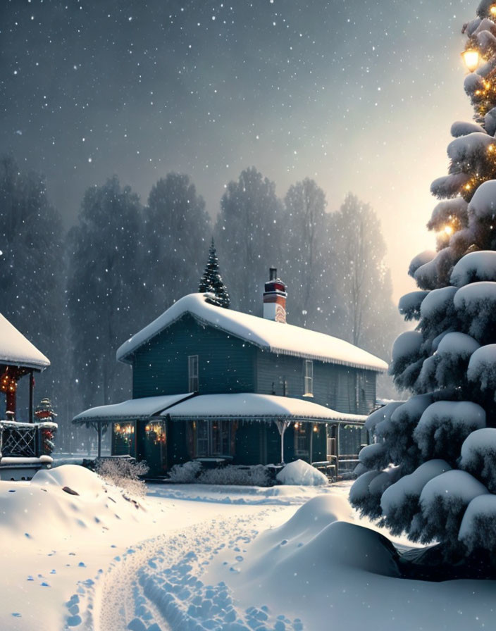 Snow-covered cabin with glowing windows and smoking chimney in snowy evening.