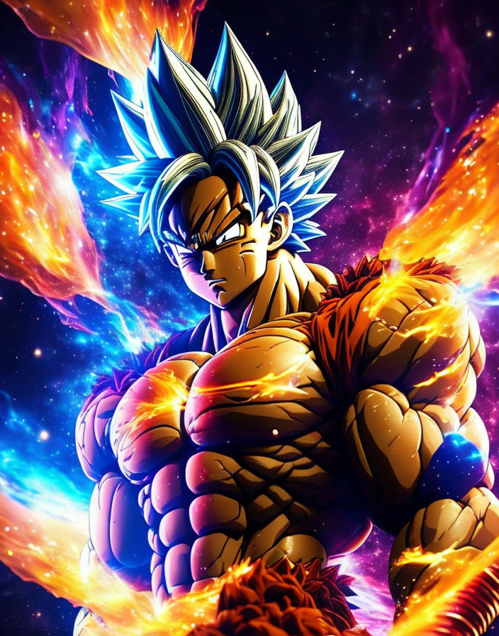 Spiky Blue-Haired Muscular Character in Orange and Blue Outfit on Cosmic Background