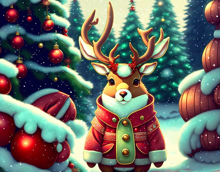 Illustrated reindeer in red winter coat with snowy landscape and Christmas trees